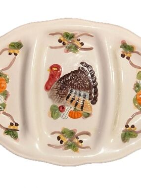 World Bazaar ~ Vtg ~Multi-Colors Ceramic Turkey 3 Sections Serving Dish Platter
